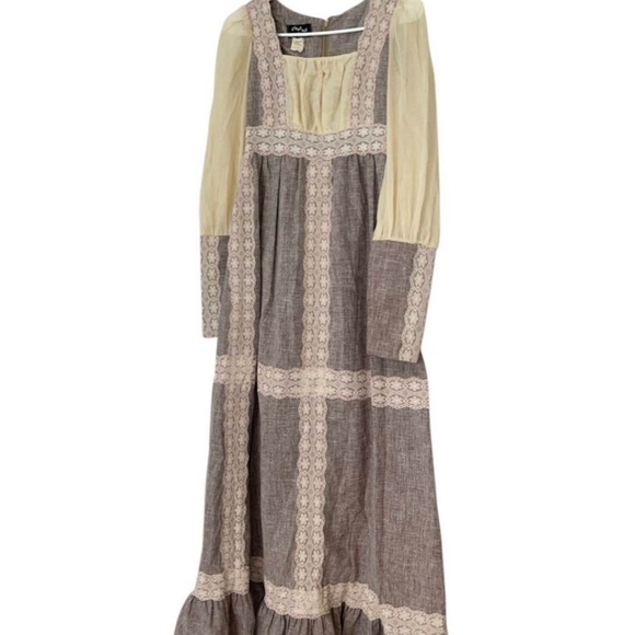 Dresses & Skirts - 1970s Gunne Sax Brown Beige Lace Prairie Boho Cottage Maxi Dress